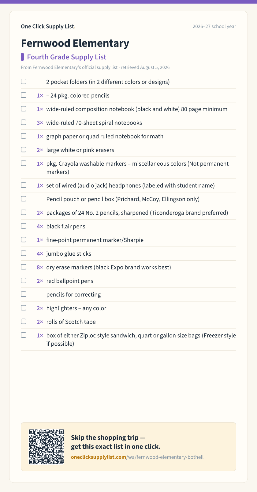 Fernwood Elementary Fourth Grade Supply List supply list — printable image