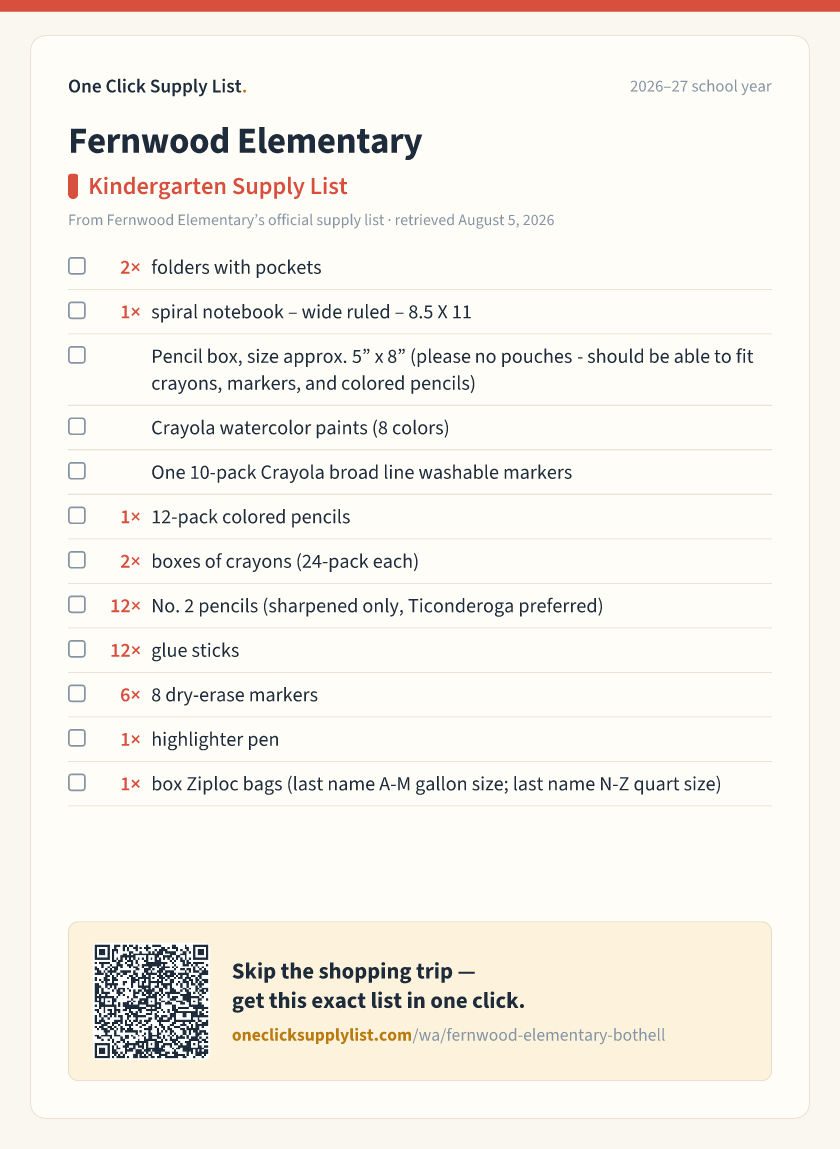 Fernwood Elementary Kindergarten Supply List supply list — printable image