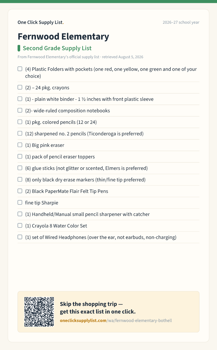 Fernwood Elementary Second Grade Supply List supply list — printable image