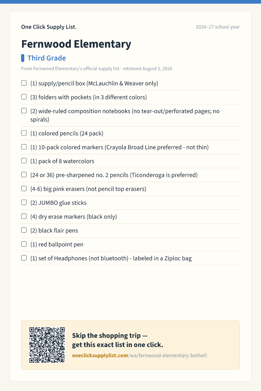 Fernwood Elementary Third Grade supply list — printable image
