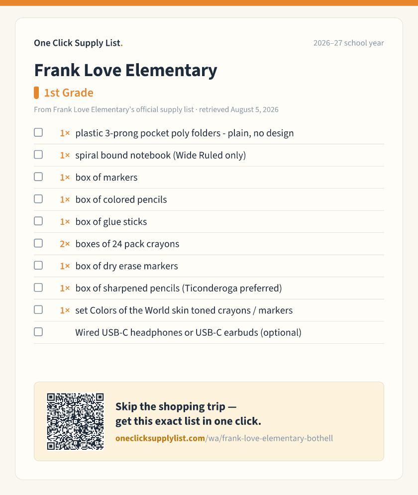 Frank Love Elementary 1st Grade supply list — printable image