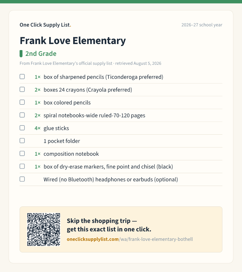 Frank Love Elementary 2nd Grade supply list — printable image
