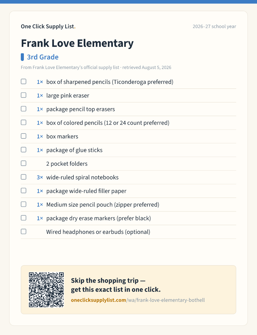 Frank Love Elementary 3rd Grade supply list — printable image