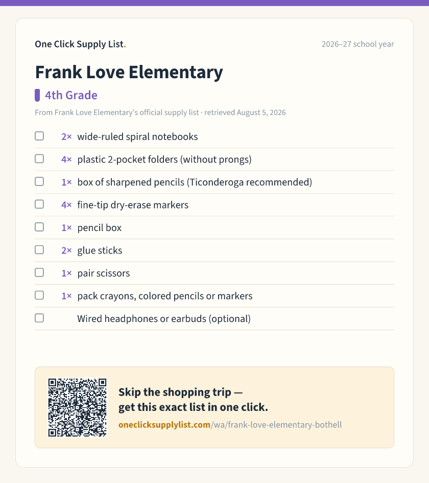 Frank Love Elementary 4th Grade supply list — printable image