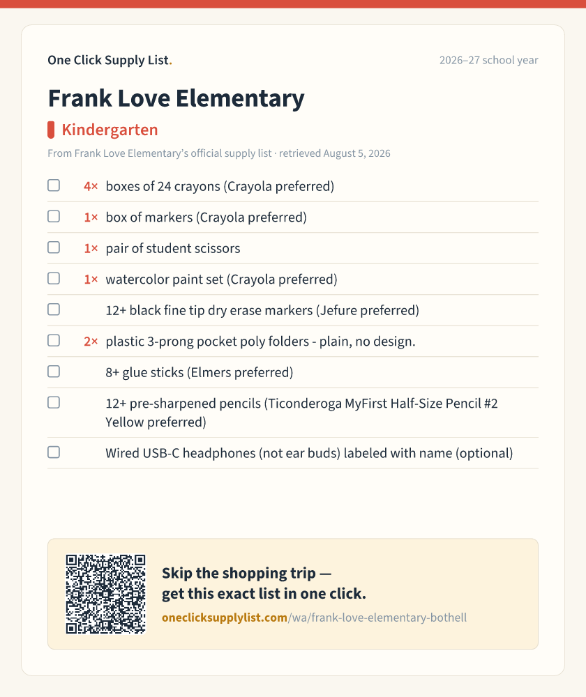 Frank Love Elementary Kindergarten supply list — printable image