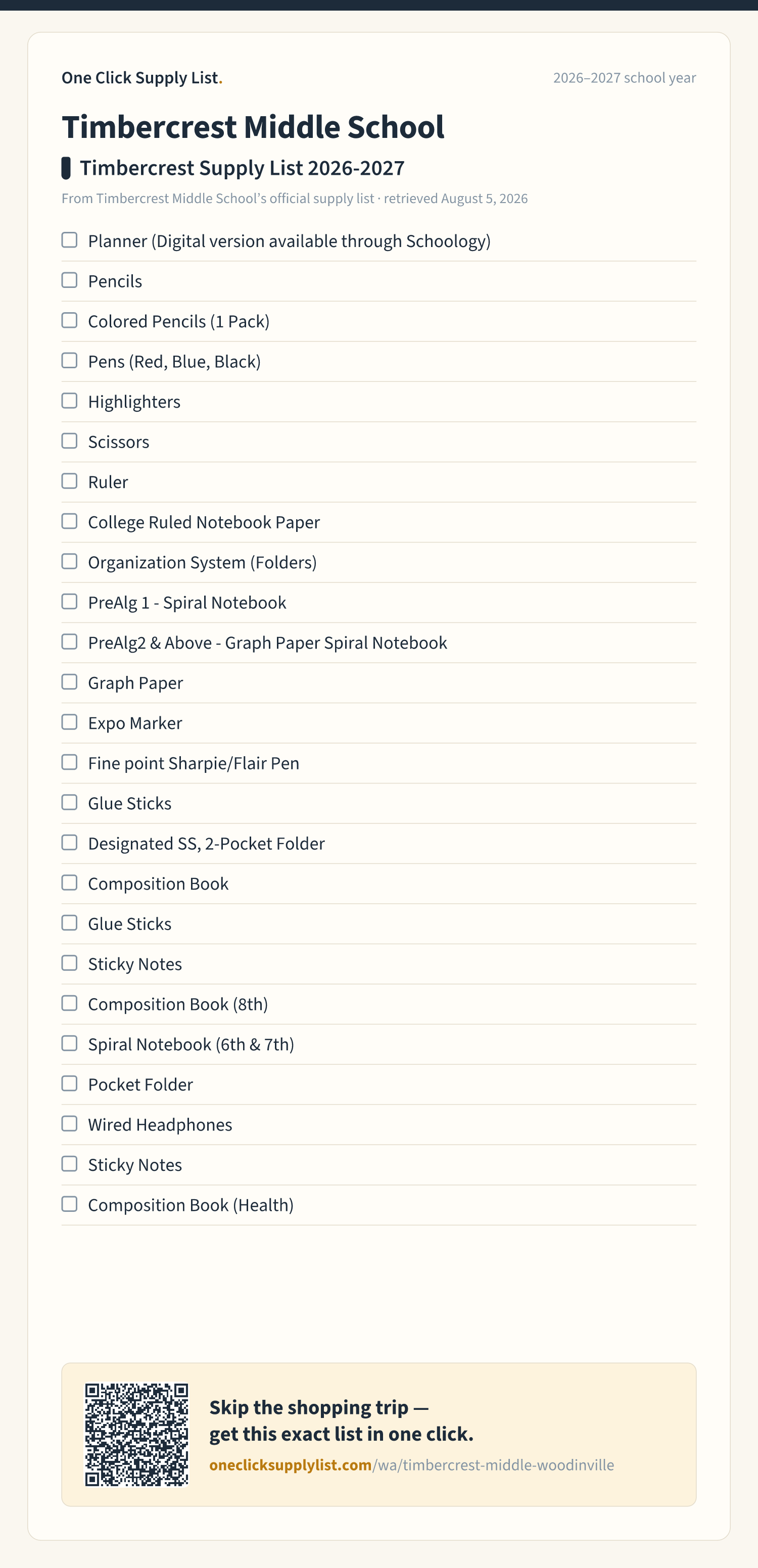 Timbercrest Middle School Timbercrest Supply List 2026-2027 supply list — printable image