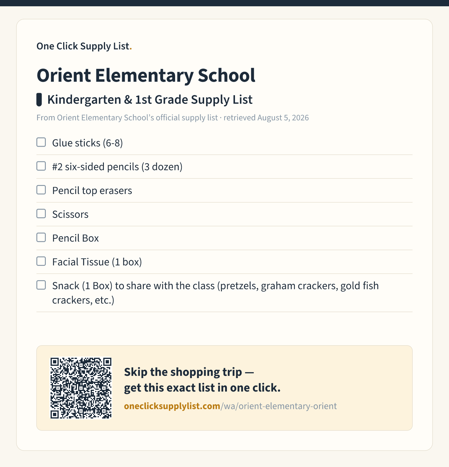 Orient Elementary School Kindergarten & 1st Grade Supply List supply list — printable image