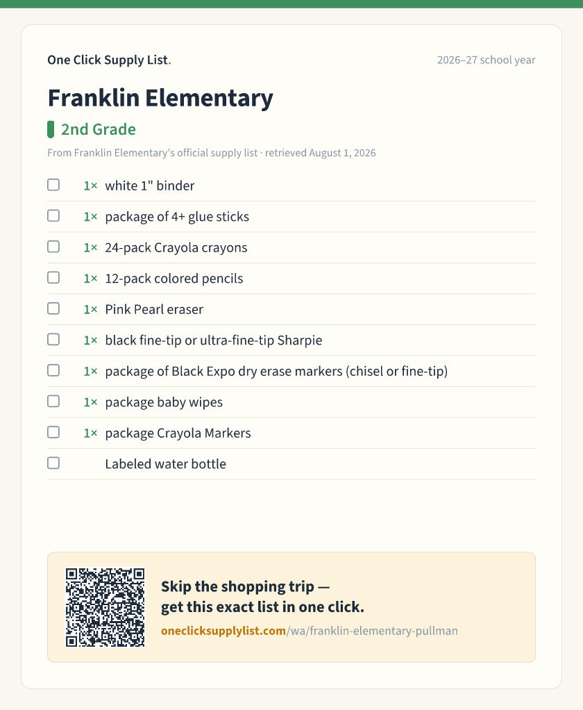 Franklin Elementary 2nd Grade supply list — printable image