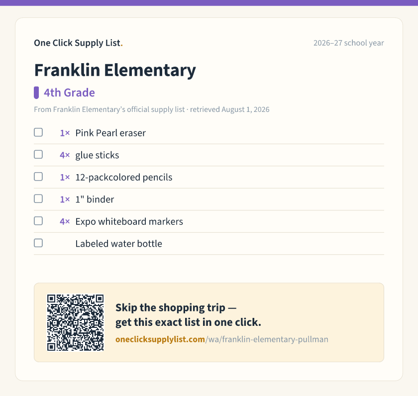 Franklin Elementary 4th Grade supply list — printable image
