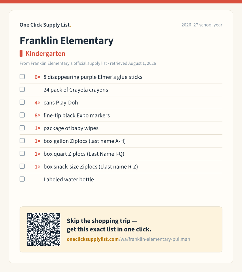 Franklin Elementary Kindergarten supply list — printable image