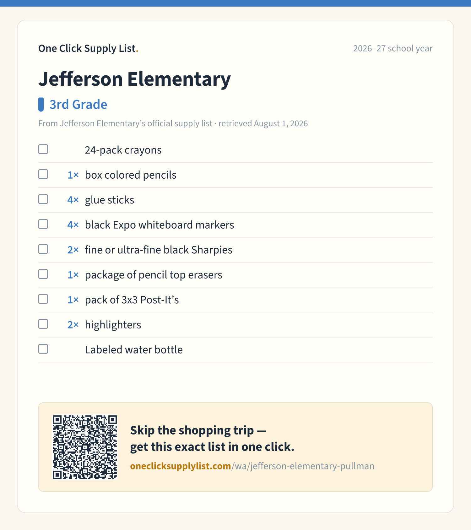 Jefferson Elementary 3rd Grade supply list — printable image