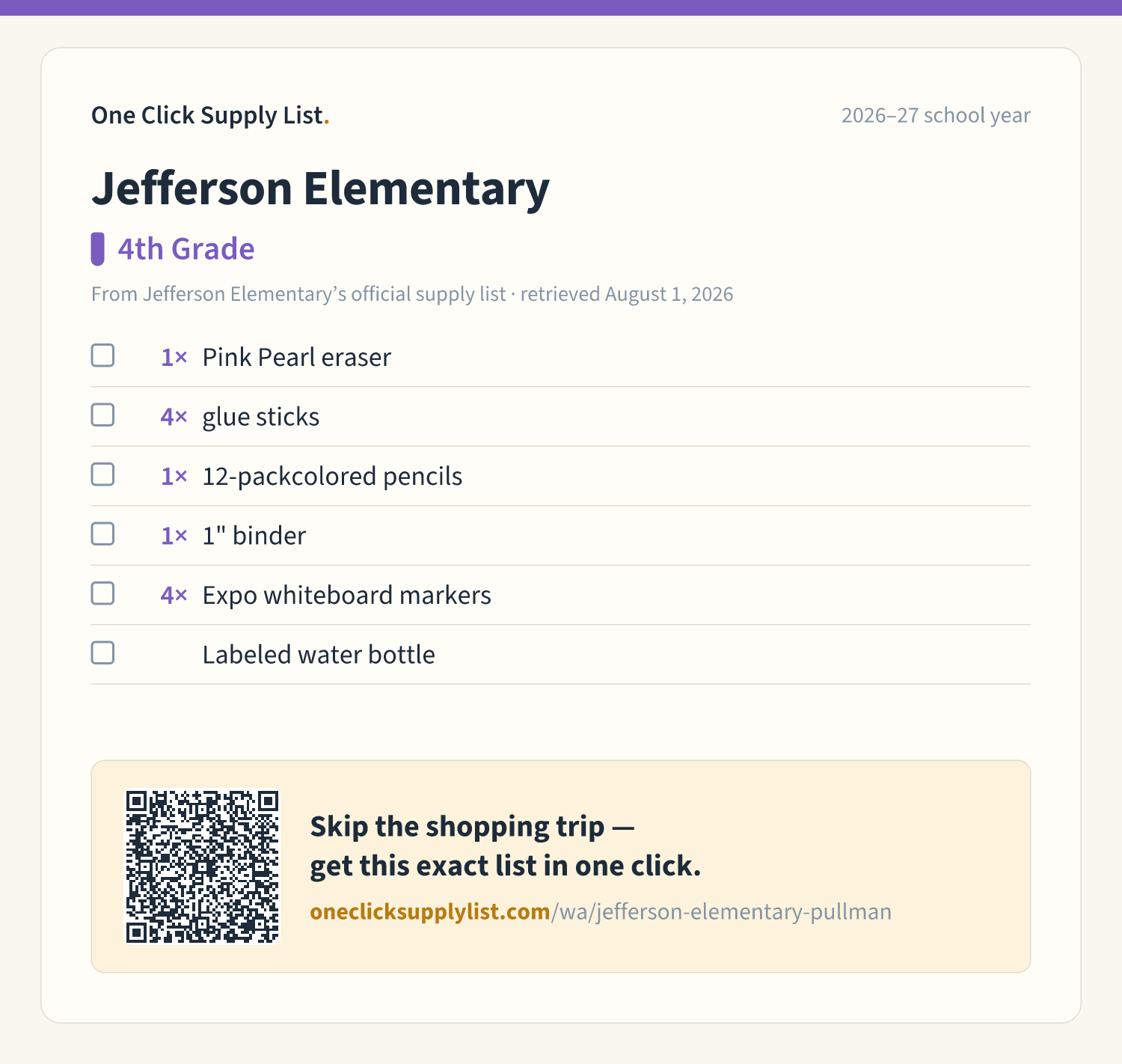 Jefferson Elementary 4th Grade supply list — printable image