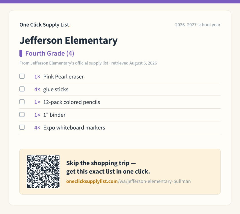 Jefferson Elementary Fourth Grade (4) supply list — printable image