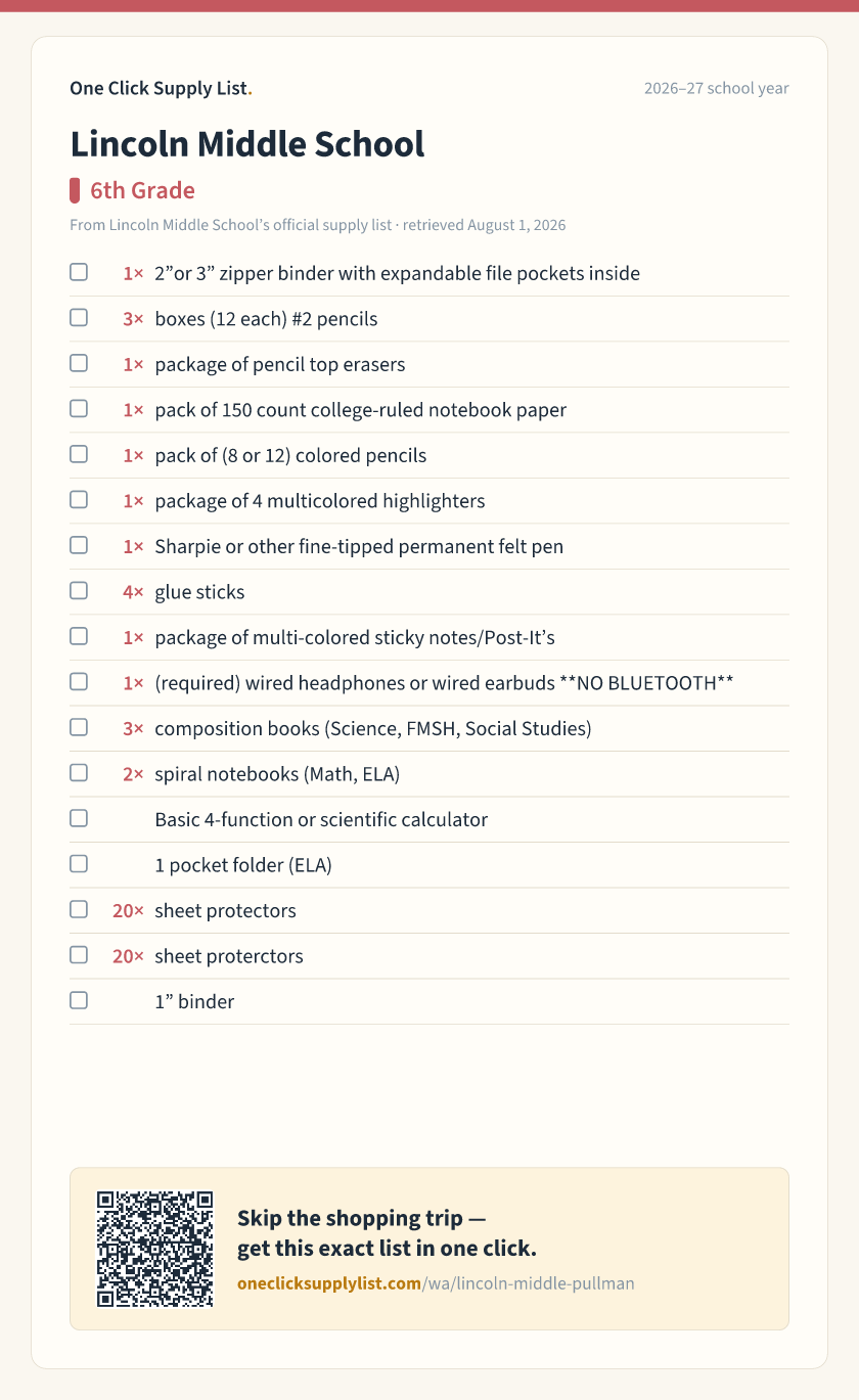 Lincoln Middle School 6th Grade supply list — printable image