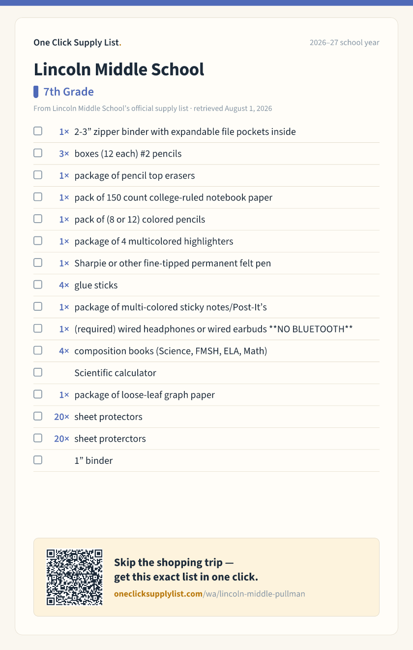 Lincoln Middle School 7th Grade supply list — printable image