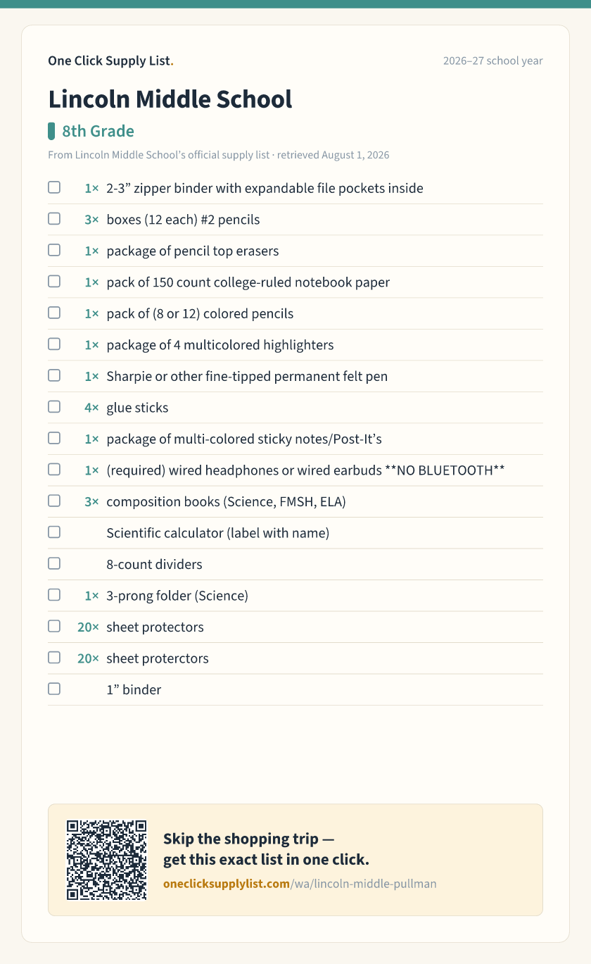 Lincoln Middle School 8th Grade supply list — printable image