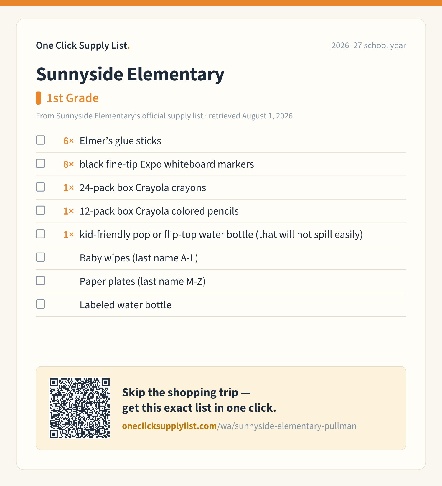Sunnyside Elementary 1st Grade supply list — printable image