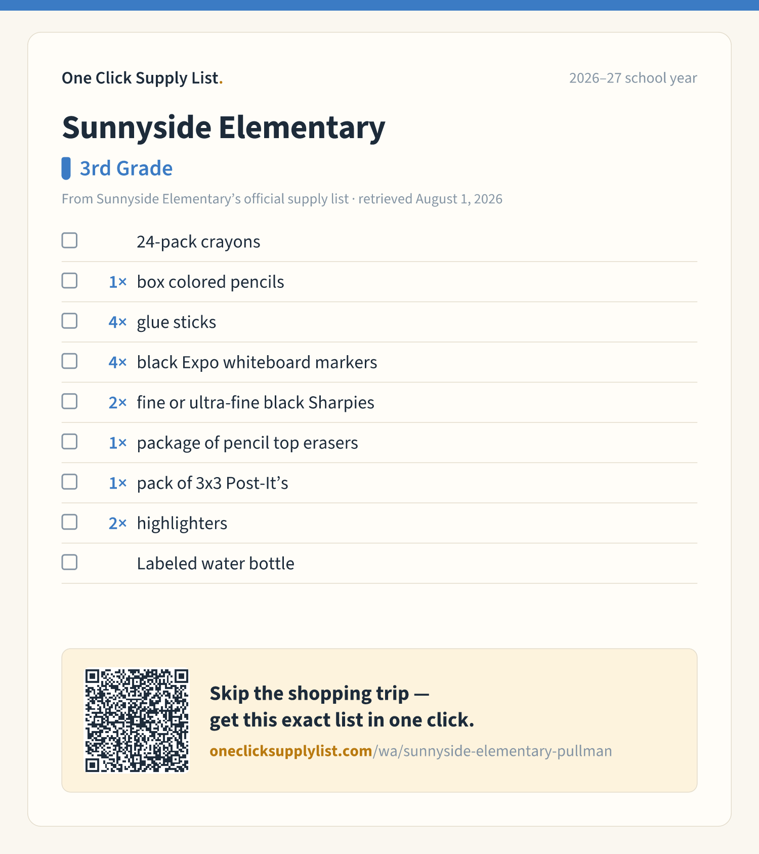 Sunnyside Elementary 3rd Grade supply list — printable image
