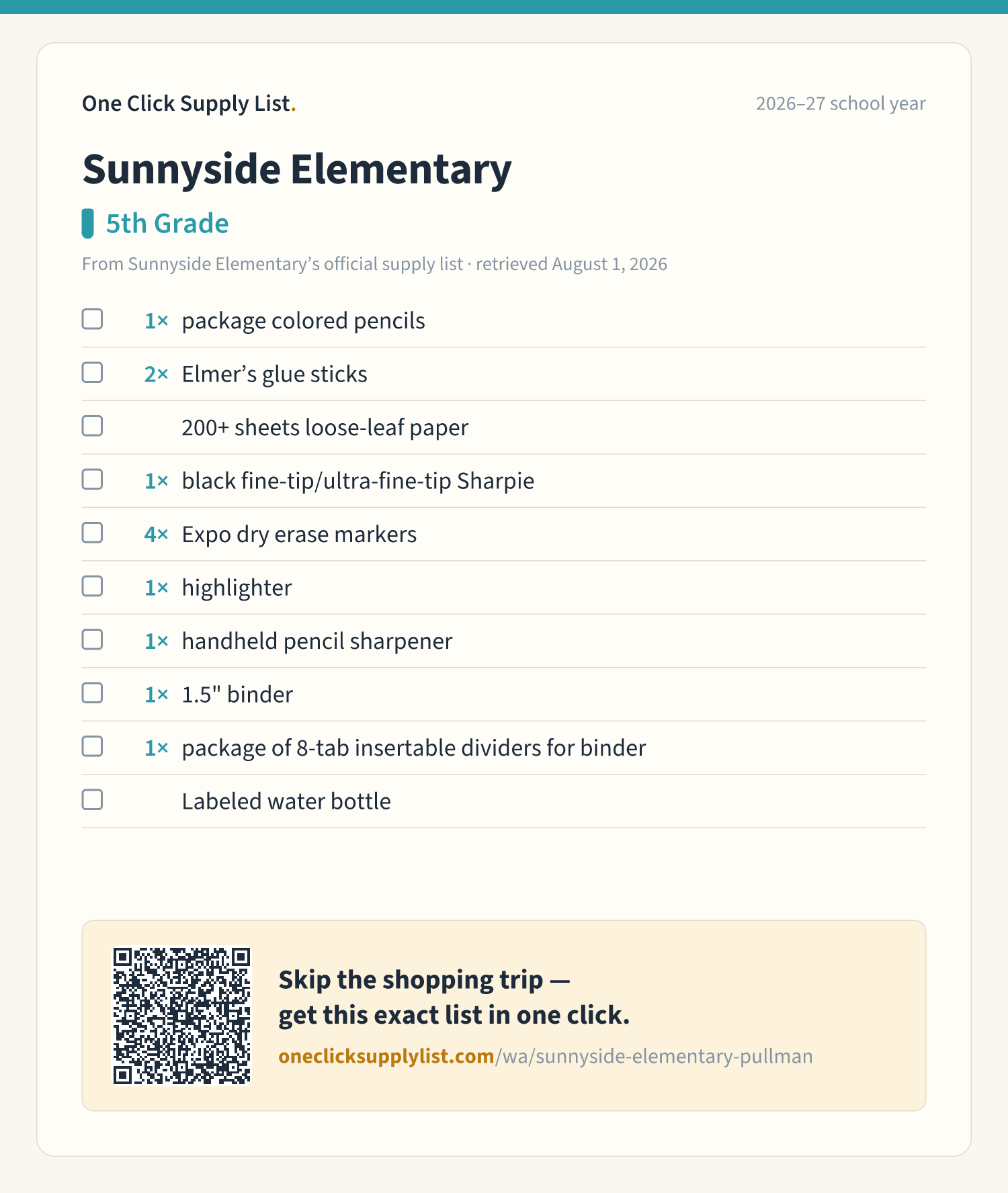 Sunnyside Elementary 5th Grade supply list — printable image