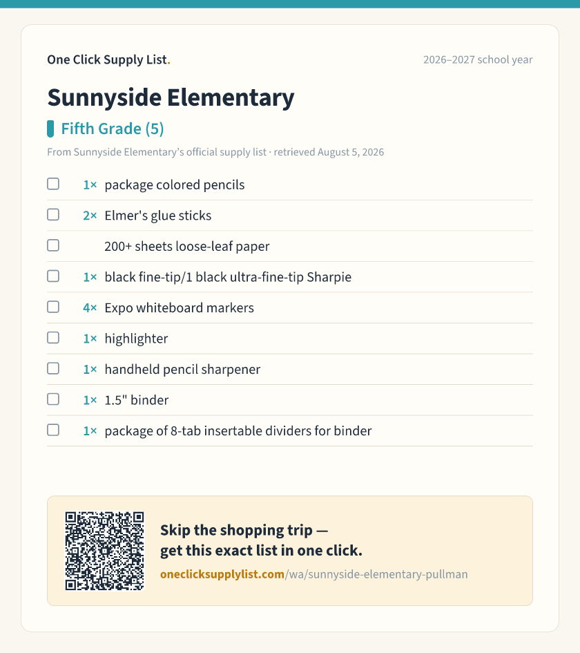 Sunnyside Elementary Fifth Grade (5) supply list — printable image