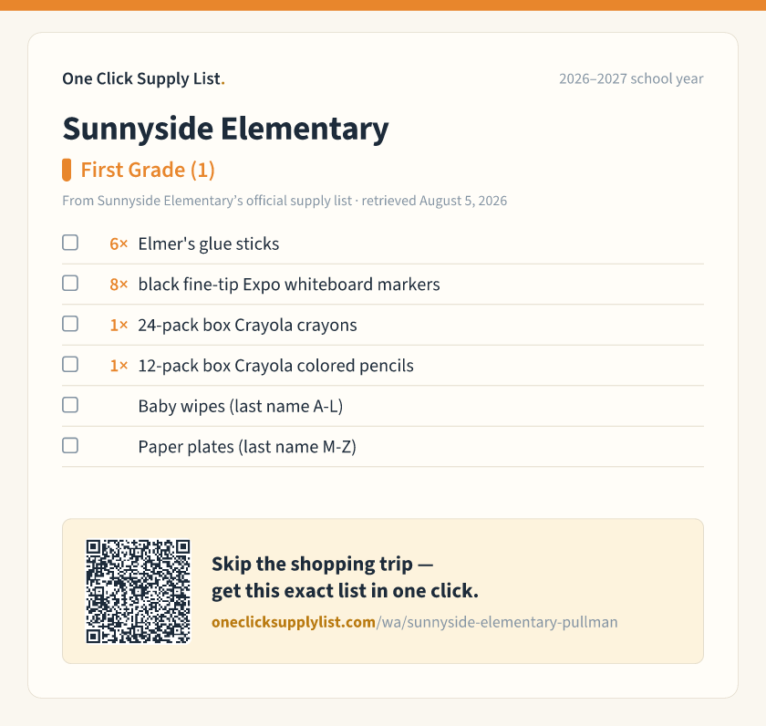 Sunnyside Elementary First Grade (1) supply list — printable image