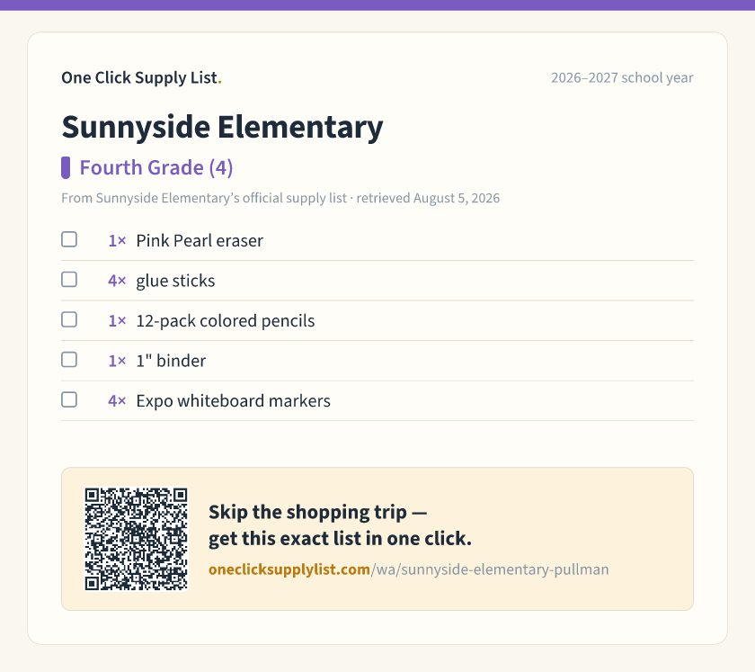 Sunnyside Elementary Fourth Grade (4) supply list — printable image