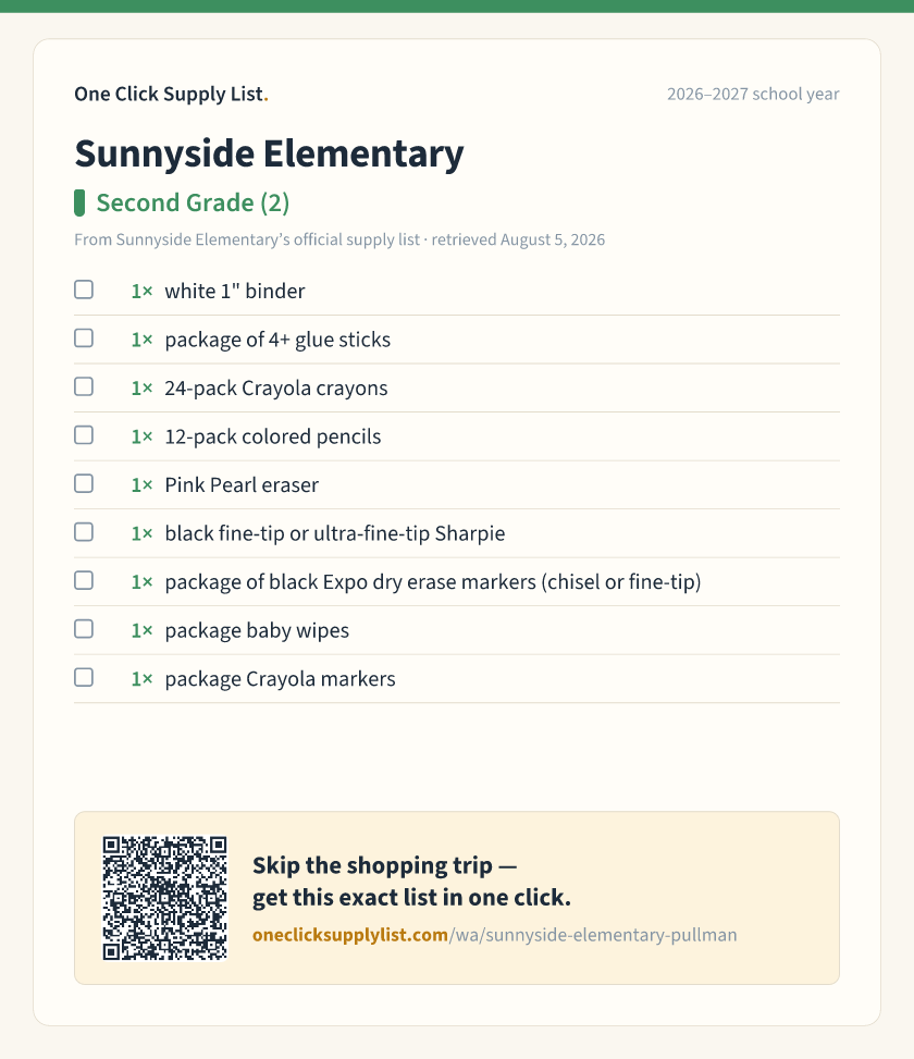 Sunnyside Elementary Second Grade (2) supply list — printable image