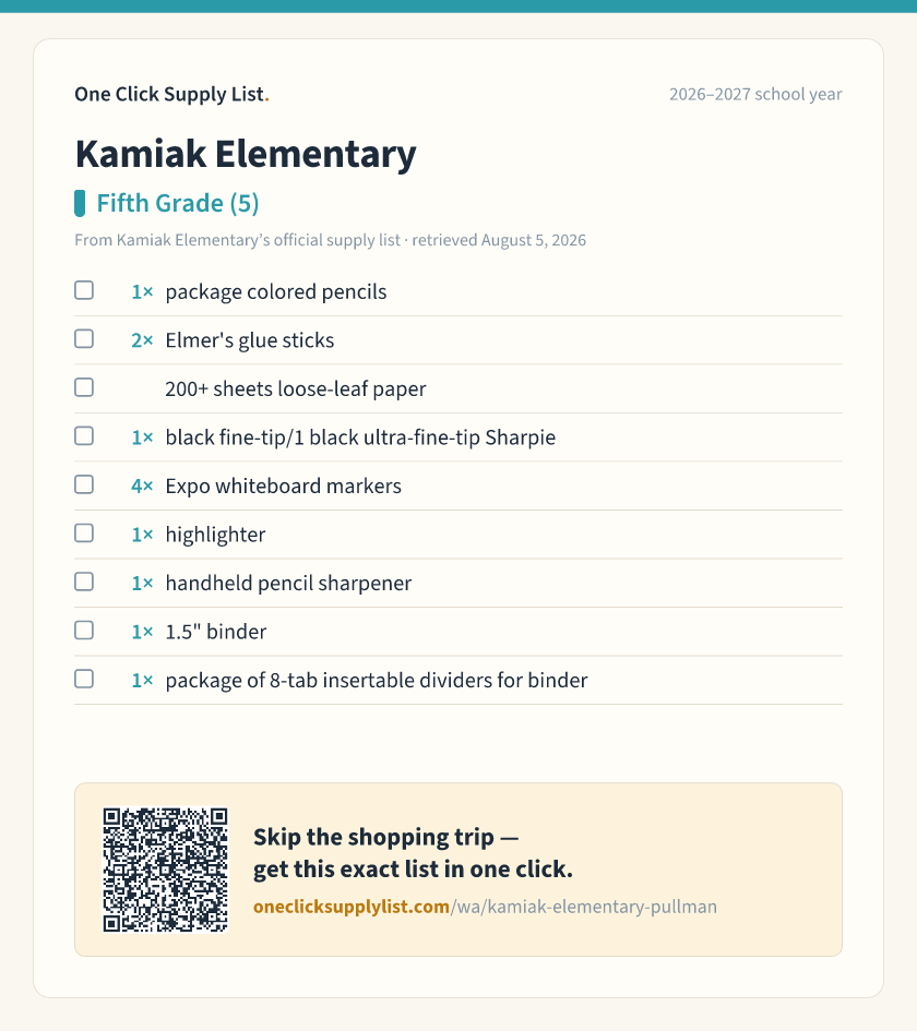 Kamiak Elementary Fifth Grade (5) supply list — printable image
