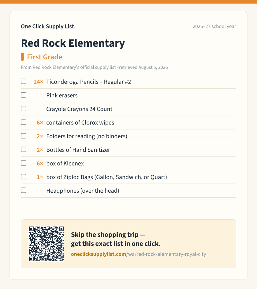 Red Rock Elementary First Grade supply list — printable image