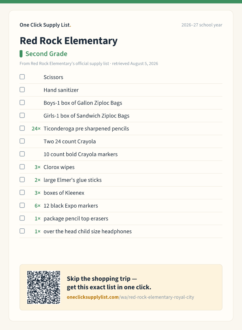 Red Rock Elementary Second Grade supply list — printable image
