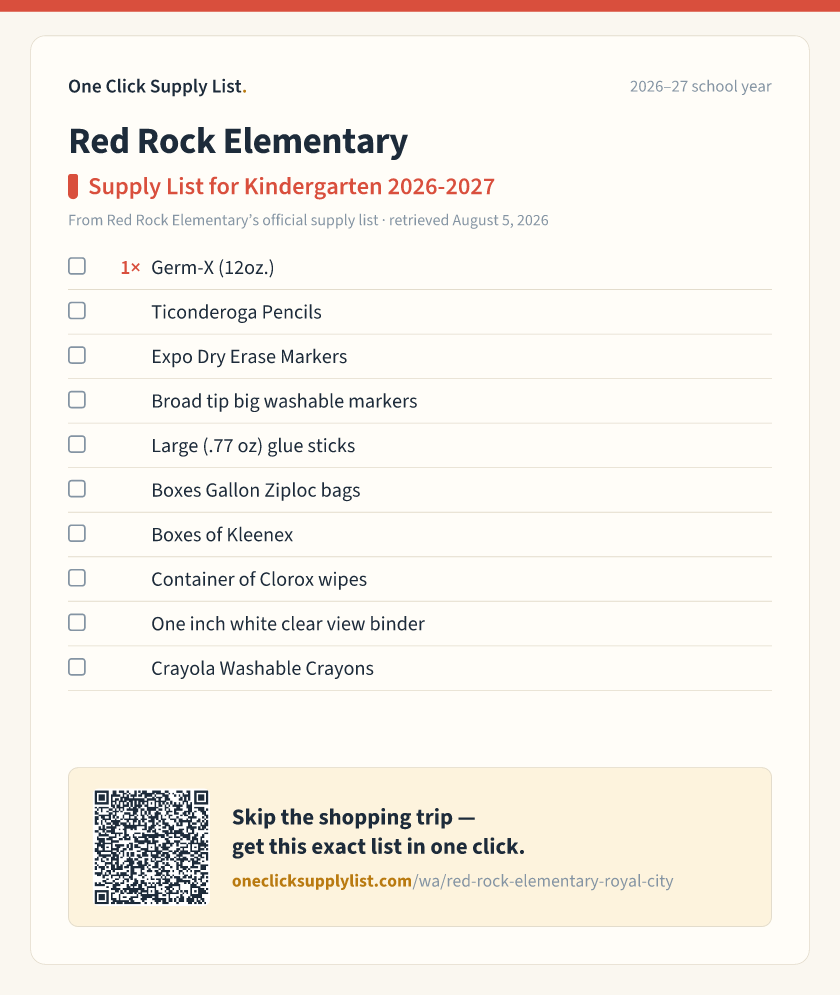 Red Rock Elementary Supply List for Kindergarten 2026-2027 supply list — printable image