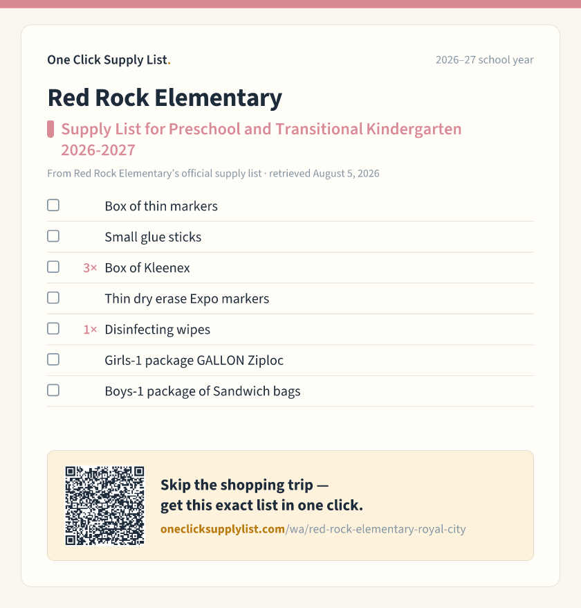 Red Rock Elementary Supply List for Preschool and Transitional Kindergarten 2026-2027 supply list — printable image