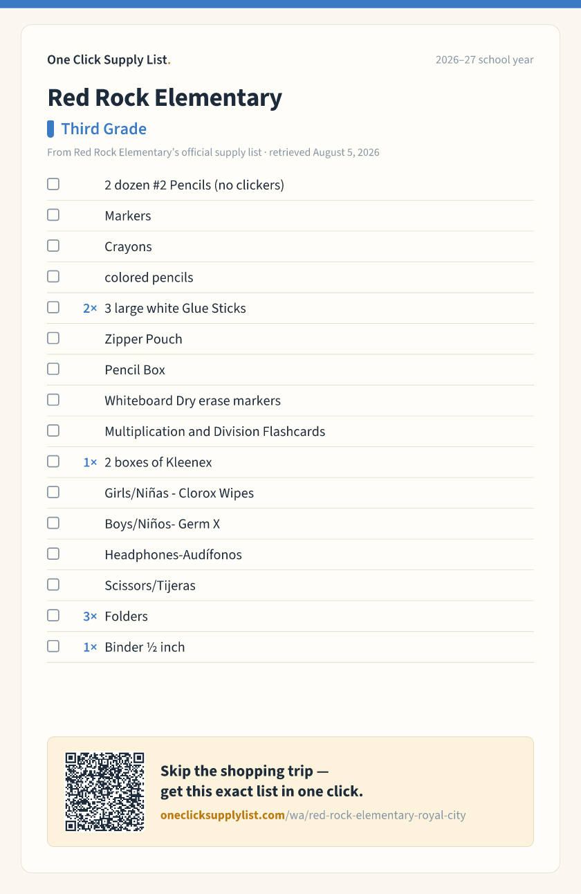 Red Rock Elementary Third Grade supply list — printable image