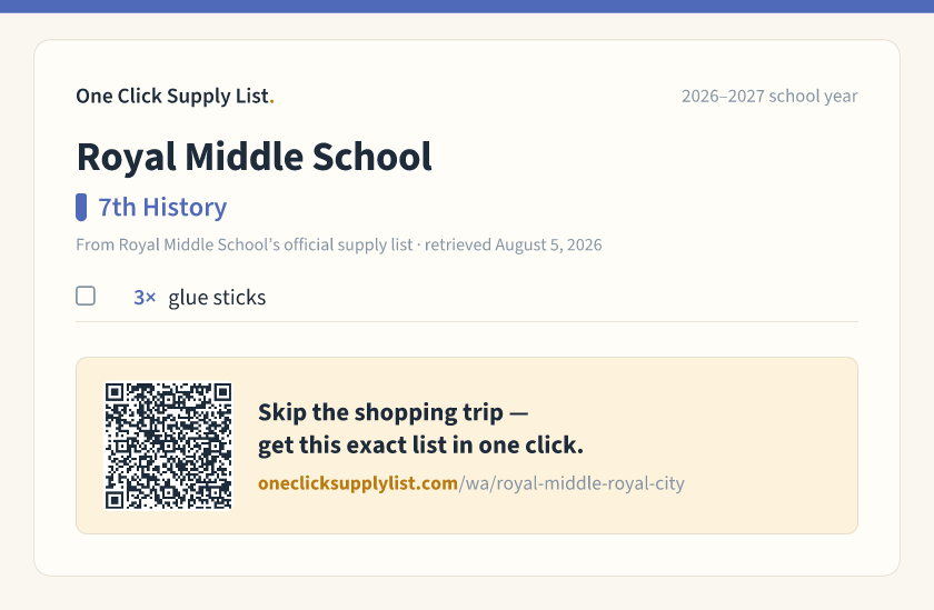 Royal Middle School 7th History supply list — printable image