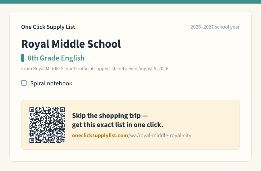 Royal Middle School 8th Grade English supply list — printable image