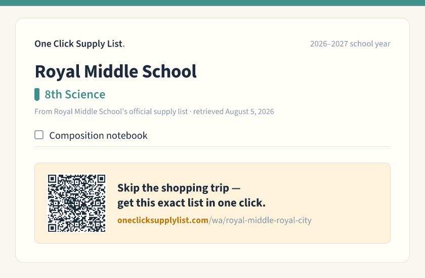 Royal Middle School 8th Science supply list — printable image