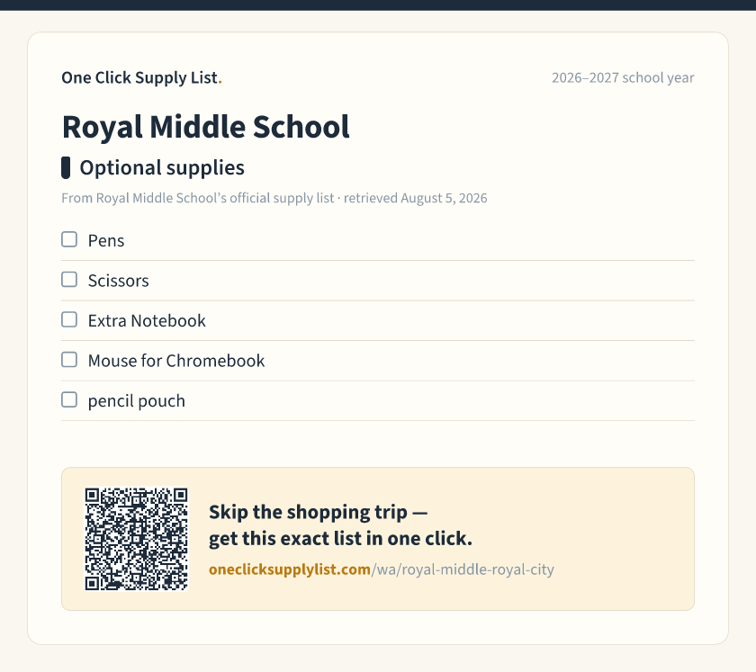 Royal Middle School Optional supplies supply list — printable image