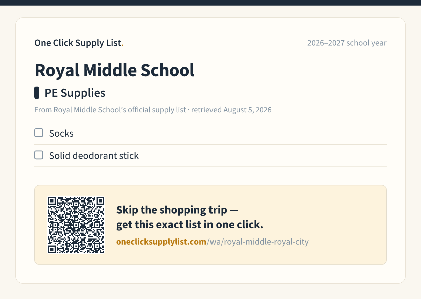 Royal Middle School PE Supplies supply list — printable image