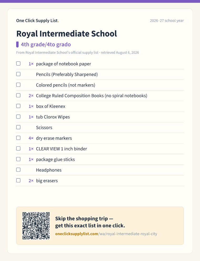 Royal Intermediate School 4th grade/4to grado supply list — printable image