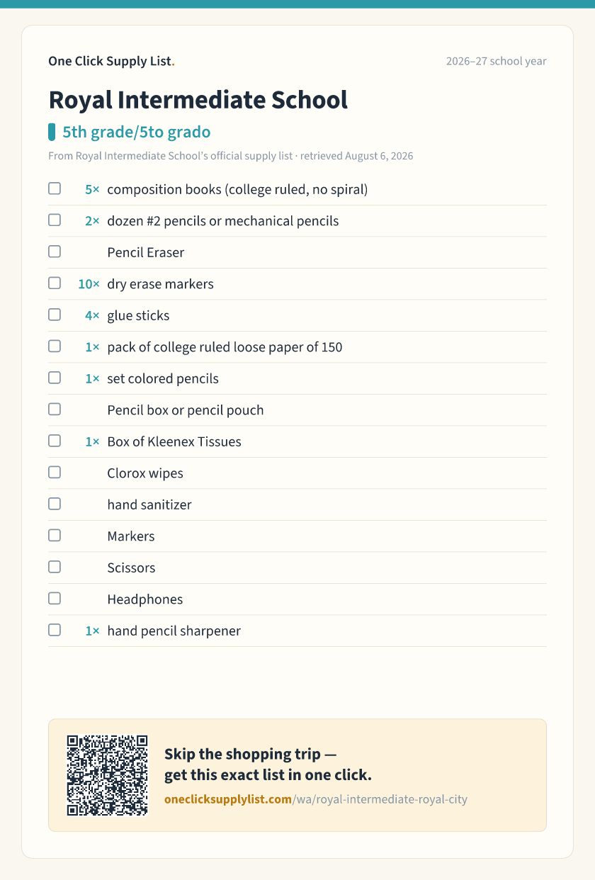 Royal Intermediate School 5th grade/5to grado supply list — printable image