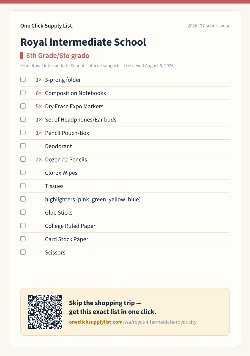 Royal Intermediate School 6th Grade/6to grado supply list — printable image