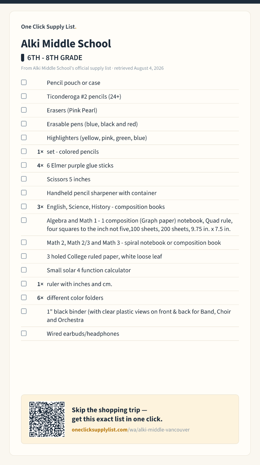 Alki Middle School 6TH - 8TH GRADE supply list — printable image