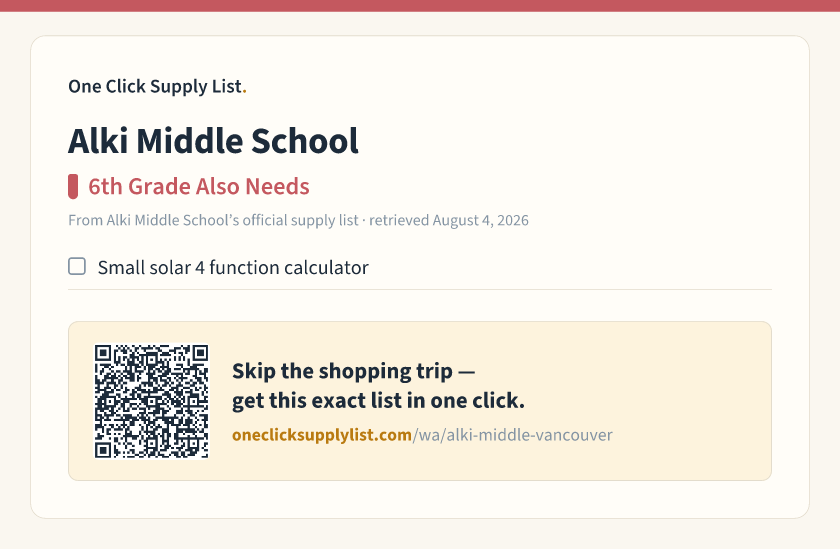 Alki Middle School 6th Grade Also Needs supply list — printable image