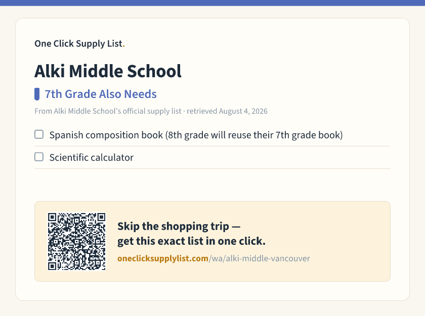 Alki Middle School 7th Grade Also Needs supply list — printable image