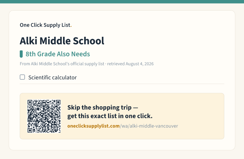 Alki Middle School 8th Grade Also Needs supply list — printable image