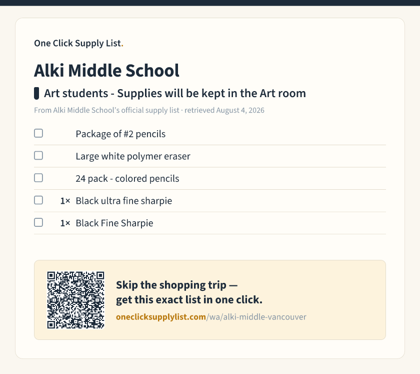 Alki Middle School Art students - Supplies will be kept in the Art room supply list — printable image