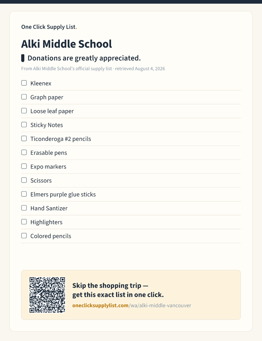 Alki Middle School Donations are greatly appreciated. supply list — printable image