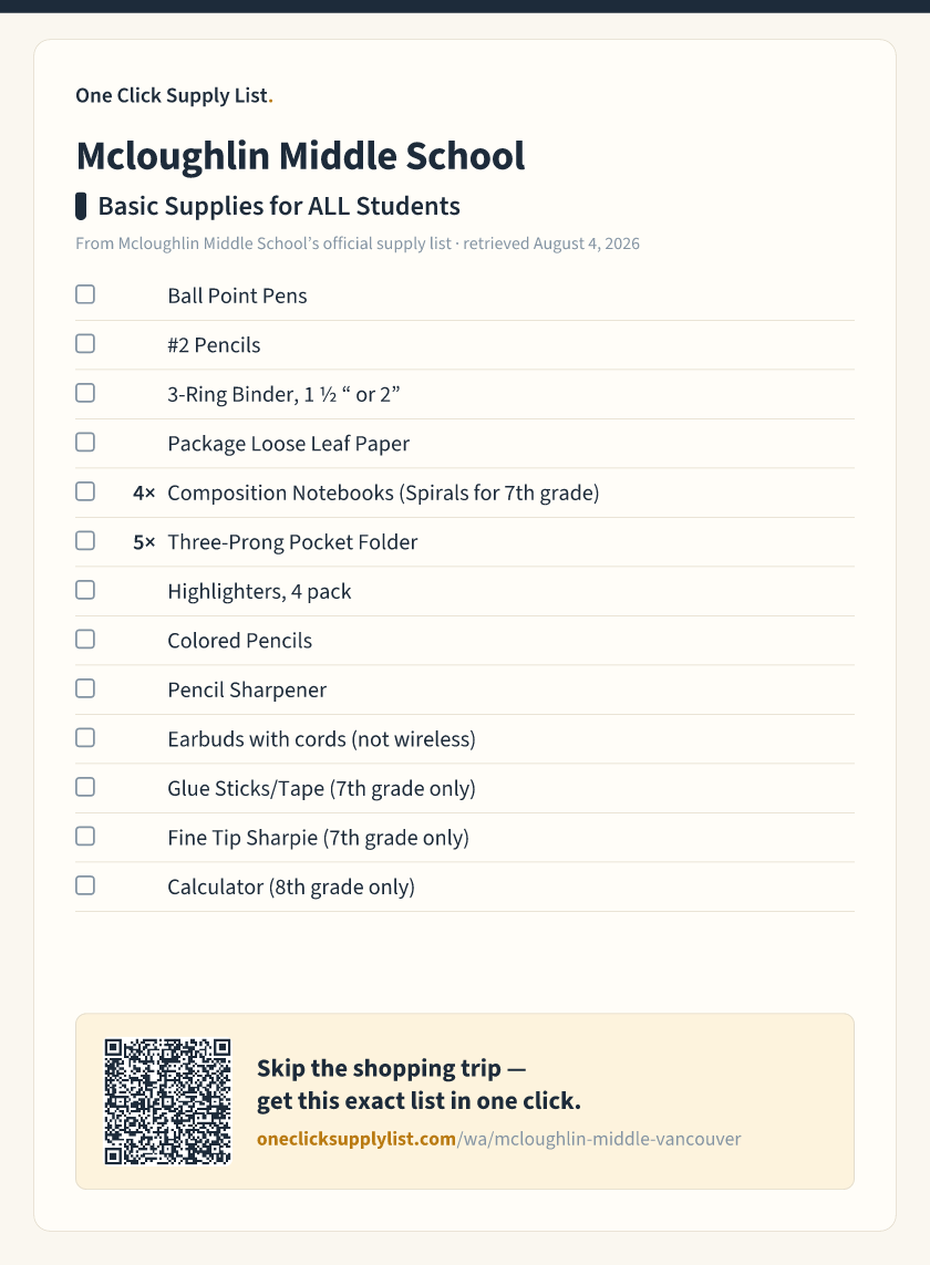 Mcloughlin Middle School Basic Supplies for ALL Students supply list — printable image