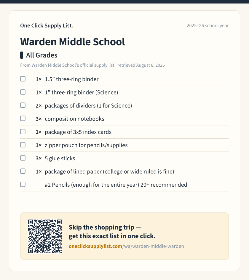 Warden Middle School All Grades supply list — printable image