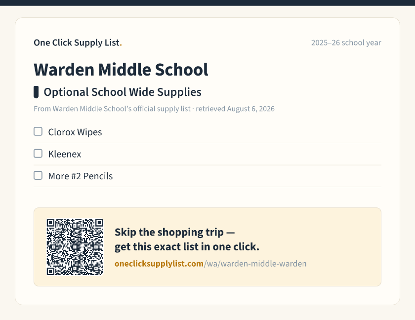 Warden Middle School Optional School Wide Supplies supply list — printable image